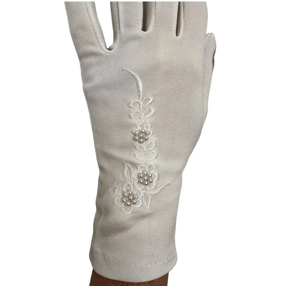 Vintage 1980s White/Ivory Unbranded Satin Beaded Floral Gloves XS S